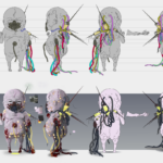 Concept art : Clean, colorisation et mise en planche pour la modélisation d’un boss de jeu vidéo ; un bébé géant un peu gore.