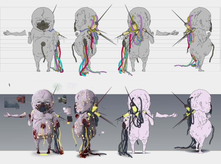 Concept art : Clean, colorisation et mise en planche pour la modélisation d’un boss de jeu vidéo ; un bébé géant un peu gore.