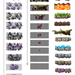 Ensemble de plateformes conçues pour un jeu de plateforme avec animation de destruction d’une surface en pierre et une surface végétale