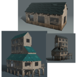 Modélisations diverses de maisons abandonnées/délabrées dans une zone sinistrée d’une démo de jeu avec sketchup