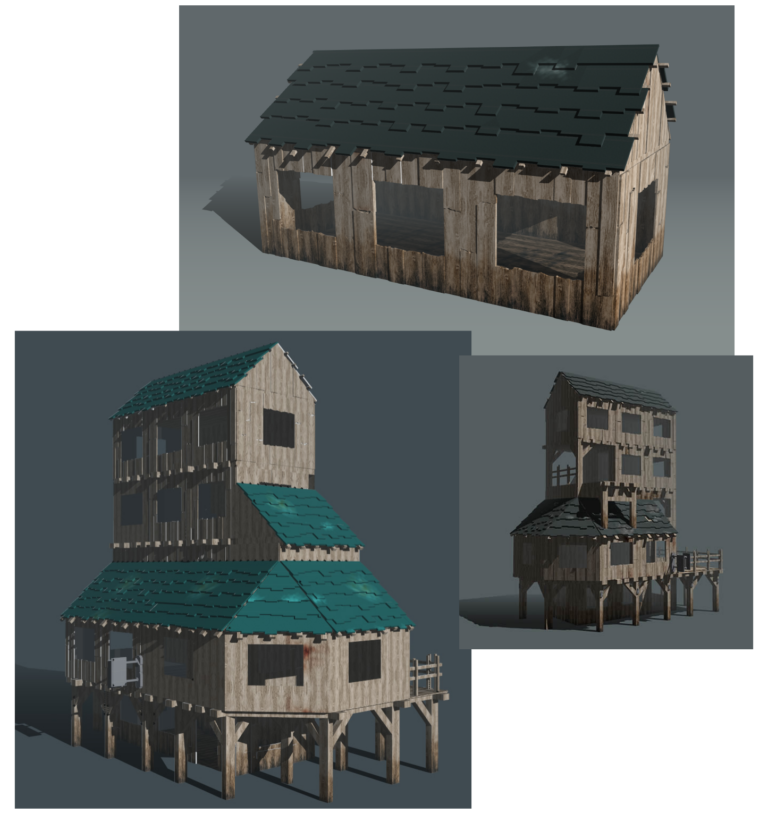 Modélisations diverses de maisons abandonnées/délabrées dans une zone sinistrée d’une démo de jeu avec sketchup