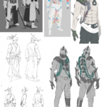 Planche de recherche avec croquis et cleans de différents personnages pour le niveau d’un jeu vidéo