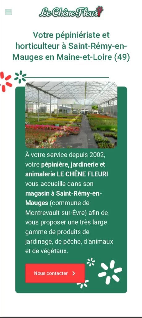aperçu mobile de la page d'accueil du site le chene fleuri